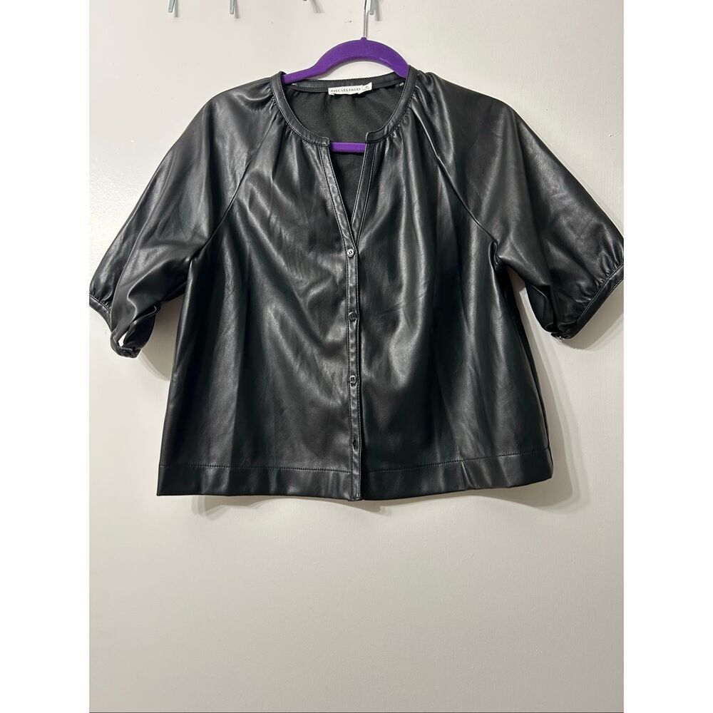 Avec Les Filles Black Faux Leather Button Front Top size M